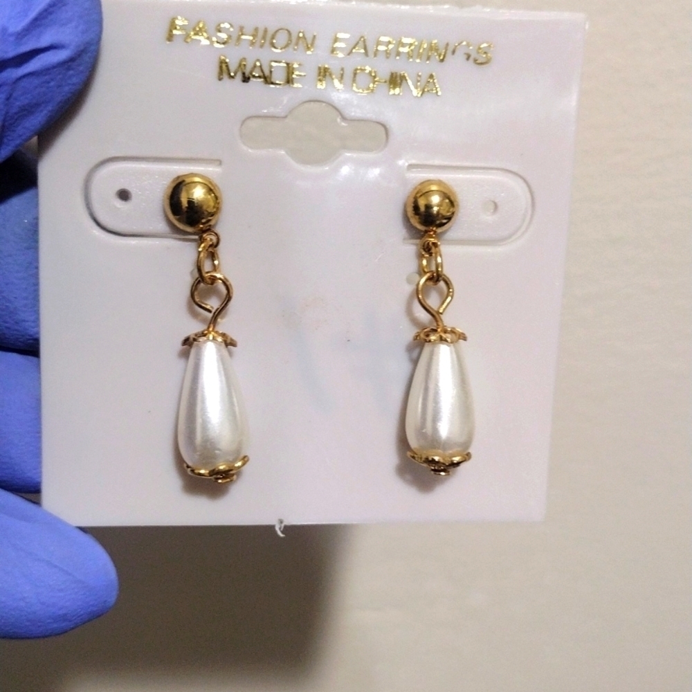 Women's Polished Gold-tone Off-White Long Beads Design Drop Dangle Earrings, #1